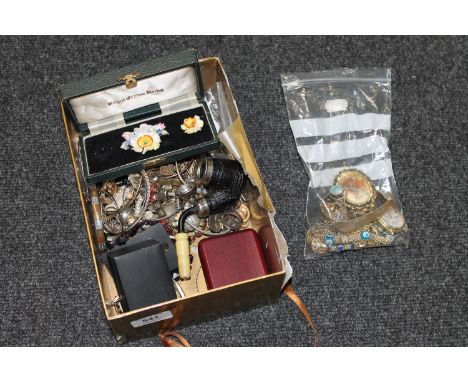 A box of costume jewellery, wrist watch, bangles, pipe etc 