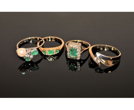 Four gold rings - 18ct gold emerald and pearl, 9ct gold emerald and diamond, 14ct gold emerald and diamond and 14ct gold CZ. 