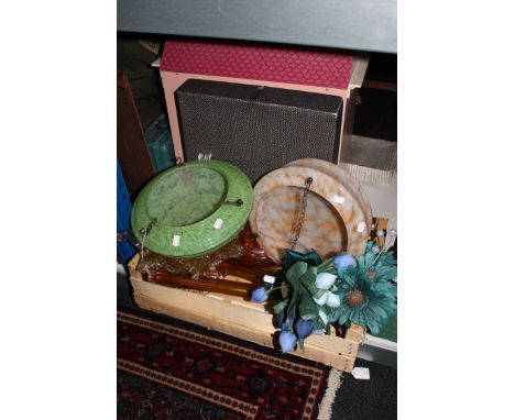 A box of two marbled glass light shades, glass flower vases, boxed plated serving dish etc