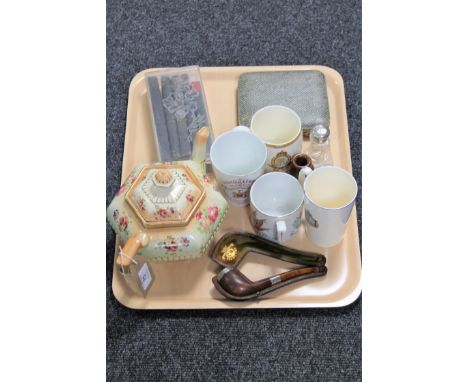 A tray of antique commemorative china, silver mounted pipe, cut throat razors etc.