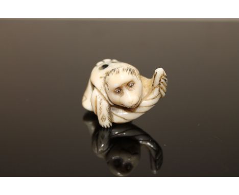 A Meiji Japanese marine ivory netsuke modelled as a monkey wearing a kimono, crouching holding twisted fabric, character mark