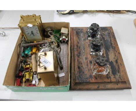 A tray of die cast vehicles, antique ruler, carriage clock, Victorian ink stand etc 