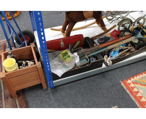 Three boxes of tools, garden forks, bottle of Navy Rum etc 
