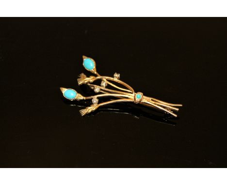 An 18ct gold diamond and turquoise floral spray brooch, 8.5g.
