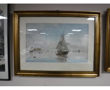 A gilt framed print - boats in still waters 