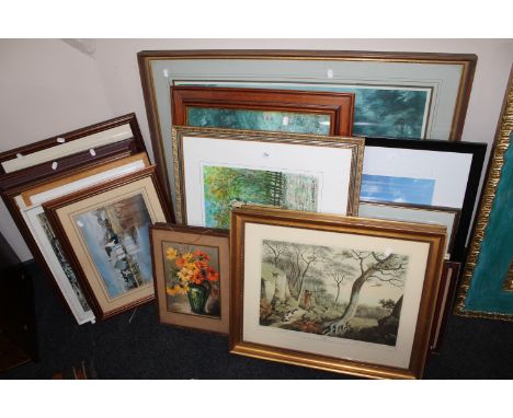 A large collection of pictures, prints, watercolours, hunting prints, signed Montague Dawson print etc 