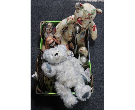 A box of mohair teddy bear, animal ornaments, oriental style figures etc 