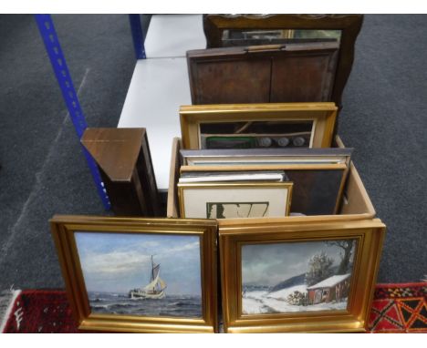 A box of assorted pictures and prints, mirrors, serving tray etc, together with a book trough