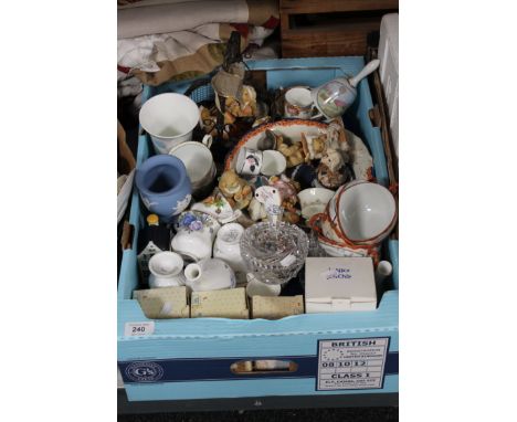 A box of Cherished teddy figures, ornaments, tea china, Wedgwood, KLM house etc 