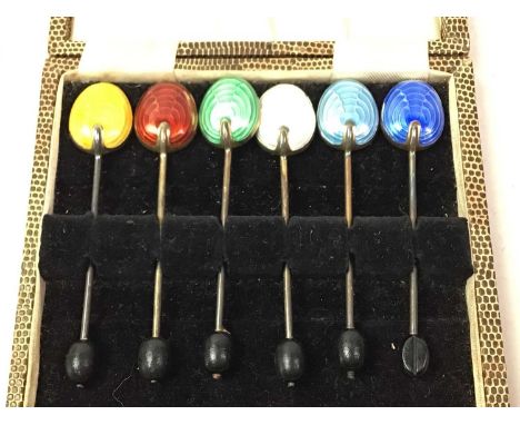 SIX SILVER AND ENAMEL COFFEE SPOONS, in fitted case