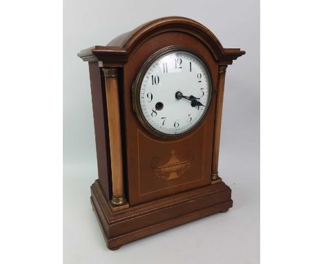 MAHOGANY INLAID MANTEL CLOCK, the dial with Arabic numerals32cm high