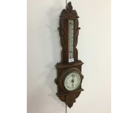 VICTORIAN BAROMETER THERMOMETER, in carved oak case 70cm high