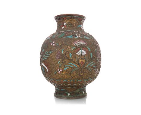 CHINESE BRASS, CLOISONNE AND FILIGREE WORK VASE, 19TH CENTURY of ovoid form, applied with polychrome enamel flowers and folia