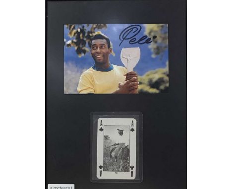 PELE SIGNED DISPLAY, mounted with photograph over playing card ace of clubs, framed30.5cm x 21.5cm 