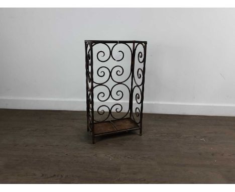 WROUGHT IRON STICK STAND, AND OTHER ITEMS  including a copper planter, brass door stop and shooting stick stick stand 56cm hi