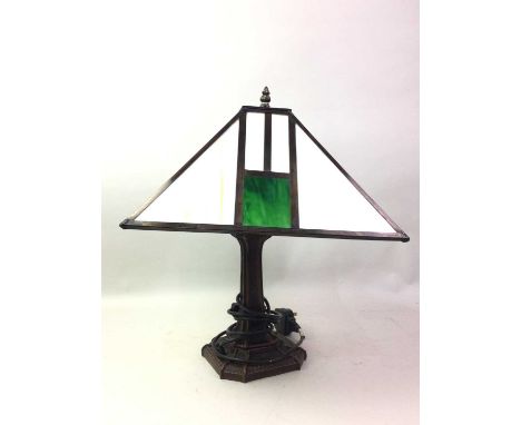 IN THE MANNER OF TIFFANY, TABLE LAMP of square form, with simulated stained and leaded glass shade in white and green47cm hig