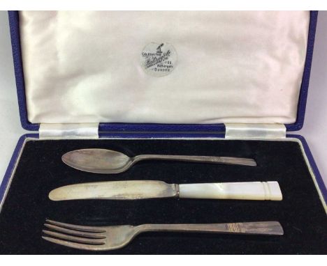 SILVER CHRISTENING FORK, KNIFE AND SPOON SET, ALONG WITH A SILVER CANE TOPPER the Christening set in case, also a silver plat