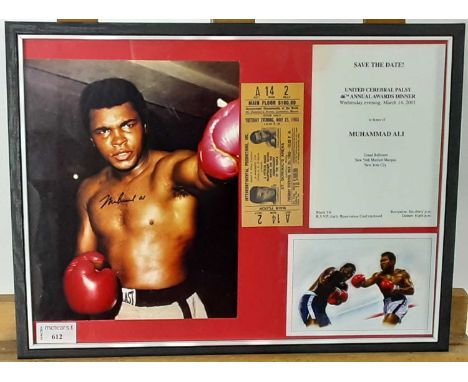 MUHAMMAD ALI SIGNED DISPLAY, mounted with program for United Cerebal Palsy annual awards dinner 2001, in honour of Ali, facsi