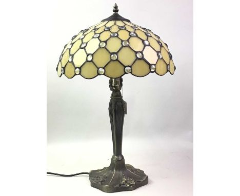 PAIR OF TIFFANY STYLE LAMPS AND A SMALLER LAMP AND FURTEHR SHADE, CONTEMPORARY the pair with opaque and clear shade, on styli
