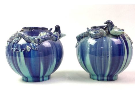 PAIR OF GLAZED CERAMIC VASES, decorated with birds on trees with blossom15cm highQty: 2