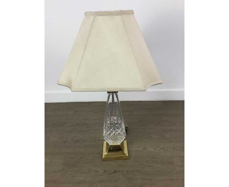 WATERFORD CRYSTAL TABLE LAMP, with shade and square brass base46cm high to top of brass light fitting,  70cm including shade.