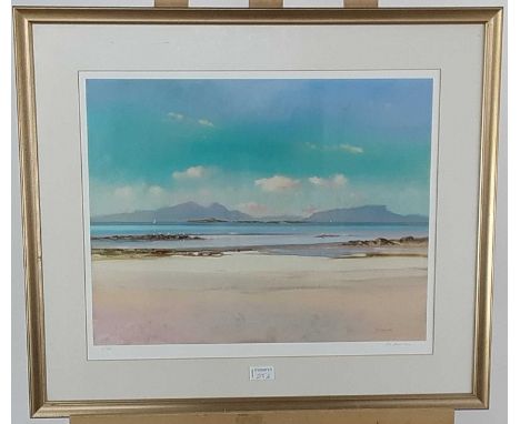 GORDON ADAMS, RHUM AND EIGG FROM ARISAIG mixed media, signed, along with a print after Ed Hunter, Shore, Iona, signed in penc