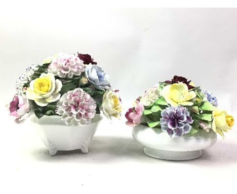 TWO CERAMIC FLOWER POSIES, in yellow, red, pink nd blue 