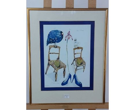 * JANICE GRAY RSW (SCOTTISH b. 1966), FOWL, FLOWER AND FUGGY print on papermounted, framed and under glassoverall size 64cm x