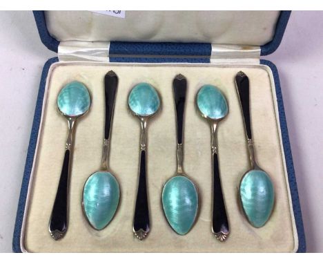 SILVER AND ENAMEL COFFEE SPOONS, marked Birmingham, cased