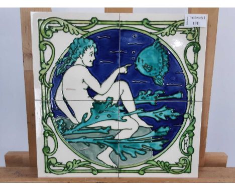 DOUGLAS HUNTER, CERAMIC PANEL made up of four tiles, depicting an aquatic scene32cm x 32cm 