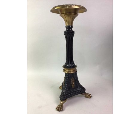 PAIR OF BRASS CANDLESTICKS, on tripod base with paw feet44cm highModern candlesticks,  can take up to  a  3inch church candle