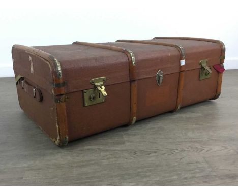 TRAVEL TRUNK, wood bound with railway labels