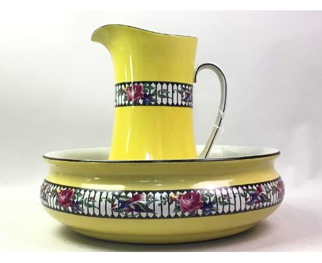 20TH CENTURY EWER AND BASIN, decorated with birds and flowers, stamped Empire Works40cm diameter