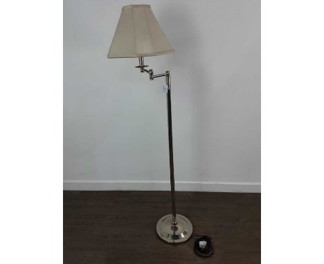 MODERN CHROME FLOOR LAMP, with shade, on circular base 138cm high