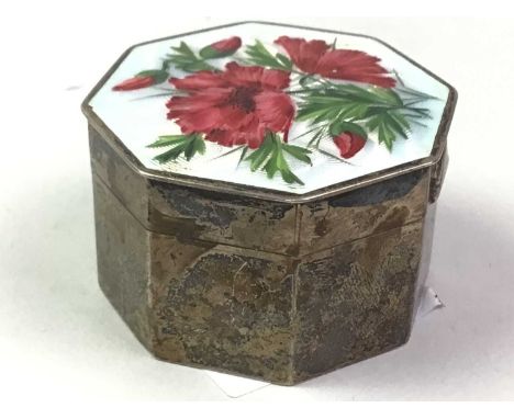 SMALL SILVER OCTAGONAL BOX, with an enamel lid with floral decoration 4.8cm wideAdditional image of hallmarks, tarnishing to 