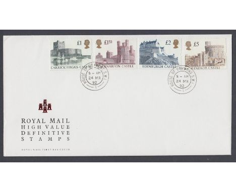 GREAT BRITAIN STAMPS FIRST DAY COVER 1992 24th Mar, Castle high values to £5 on Royal Mail FDC with 'House of Commons' datest