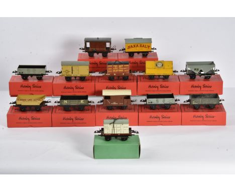 Hornby 0 Gauge post-war Freight Stock, including a No 50 flat wagon with meat container in original box, four No 50 wagons (S