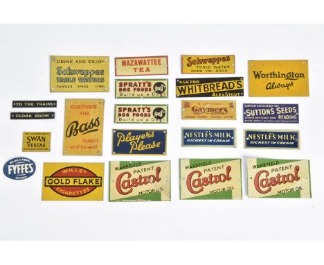 Bassett-Lowke 0 Gauge (or larger) pre-war Tinplate Advertising Signs, including Castrol (3), Spratt's Dog Foods (2), Mazawatt