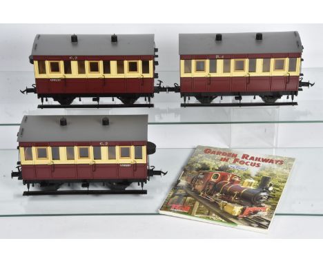 BMS/Accucraft G Scale Isle of Man Railway 4-wheeled Coaches,  three unboxed comprising two brake/3rd class coaches both as No