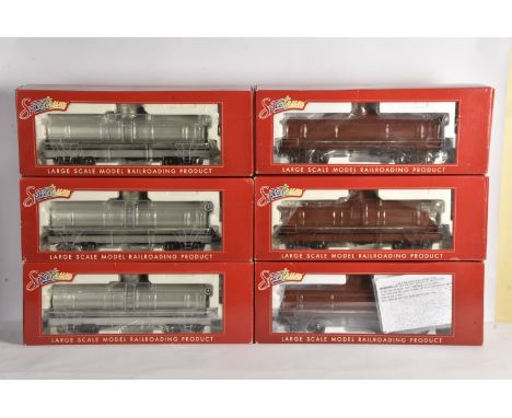 Boxed US-type G Scale Freight Stock by Spectrum, six 'LS' frameless bogie tank cars, 3 in silver and 3 in oxide red, all unle