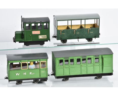 Home/Kit-built G Scale Narrow-Gauge Rolling Stock, comprising a traditional brake/3rd 4-wheel coach with battery interior lig