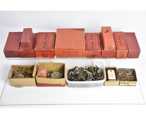 Hornby and other 0 Gauge spare wheels axles keys other parts and empty boxes, including tinplate, diecast and plastic rolling