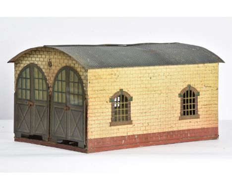 An uncommon Bing Gauge 1 Double-track No 6167/1 Arched-roof Engine Shed, in buff-coloured embossed-brick finish with brown lo