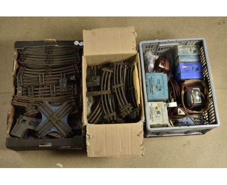 Hornby 0 Gauge Electric Track and Controllers, track including approx. 14 points (most on 'solid' base), one 90-degree crossi