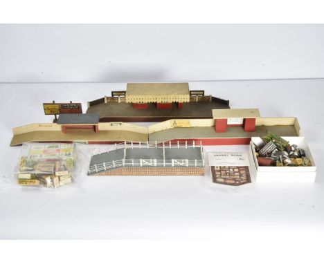 Wooden 0 Gauge Stations and Various Figures, two wooden stations by Hailey Models, another called 'Southgate' (possibly by Be