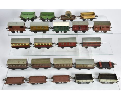 Hornby 0 Gauge post-war Rolling Stock, No 1 coaches in LMS crimson (4 - 1 older), LNER 'teak' (1), BR crimson/cream (2) and B