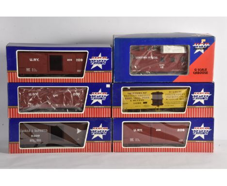 Boxed US-type G Scale Freight Stock by USA Trains, comprising 5 box cars in different liveries including Gorre &amp; Daphetid