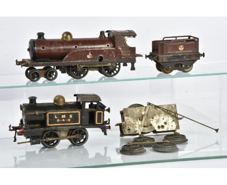 Early Hornby 0 Gauge clockwork No 1 and No 2 Locomotives Tender and Parts, a No. 1 Tank Locomotive 'LMS 0-4-0' in lined black