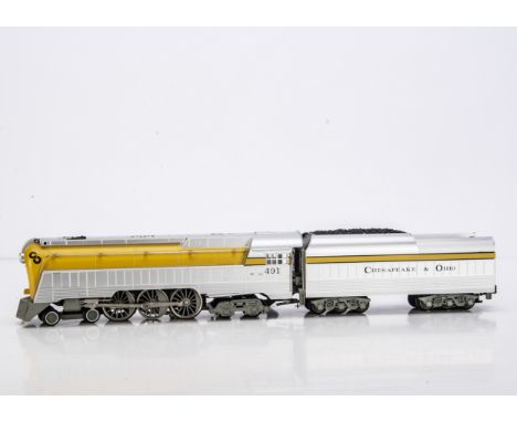 An American 0 Gauge Chesapeake and Ohio streamlined 'Hudson' 4-6-4 Steam Locomotive and Tender by Rail King, ref 30-1161-0, f
