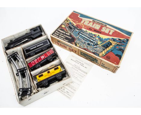 Marx 528 0 Gauge Union Pacific Goods Clockwork Train Set,  comprising black plastic body 0-4-0 Loco and tin Union Pacific Ten
